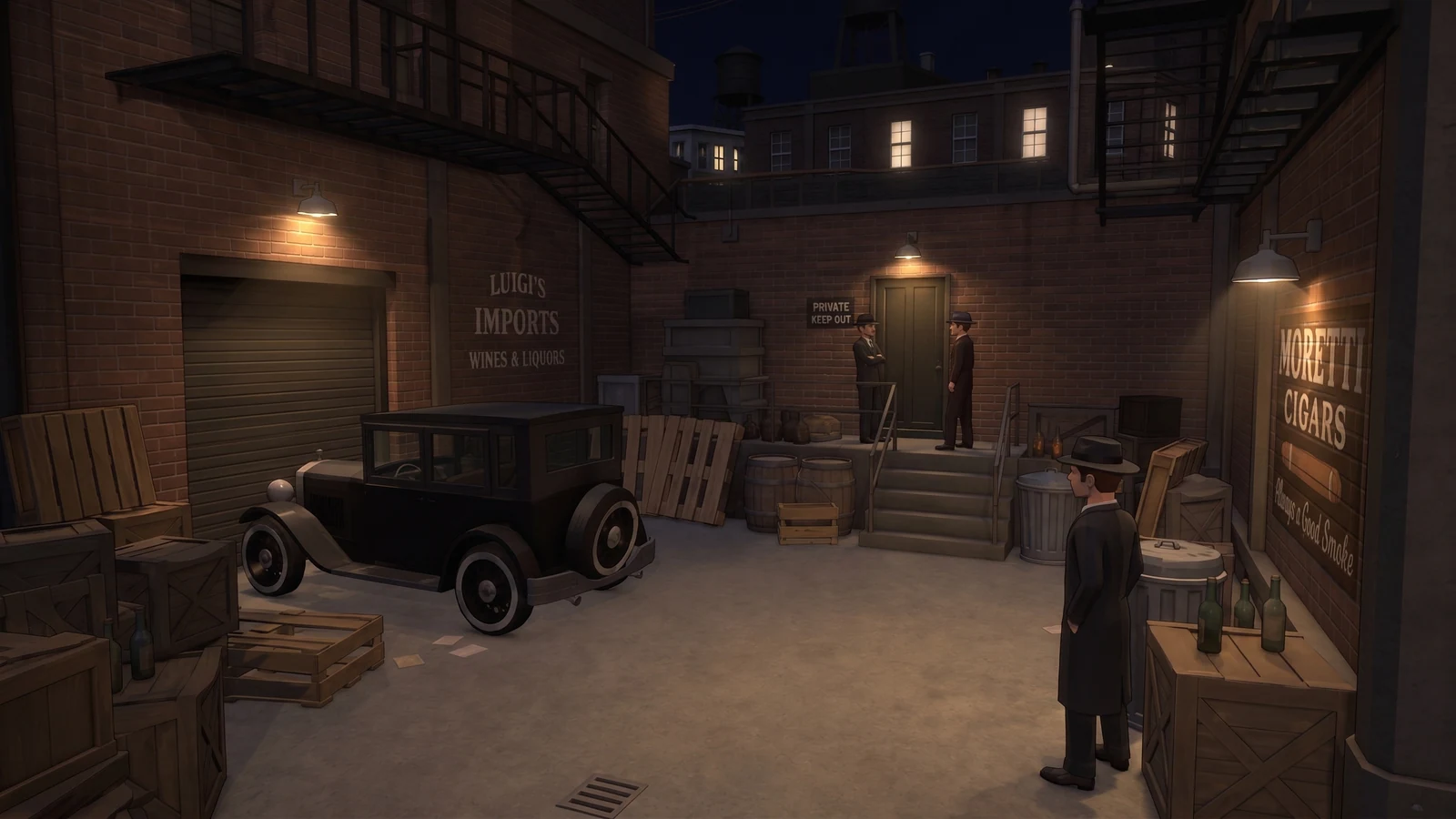 Concept art: a 1920s back alley. The liquor importer might not import liquor.