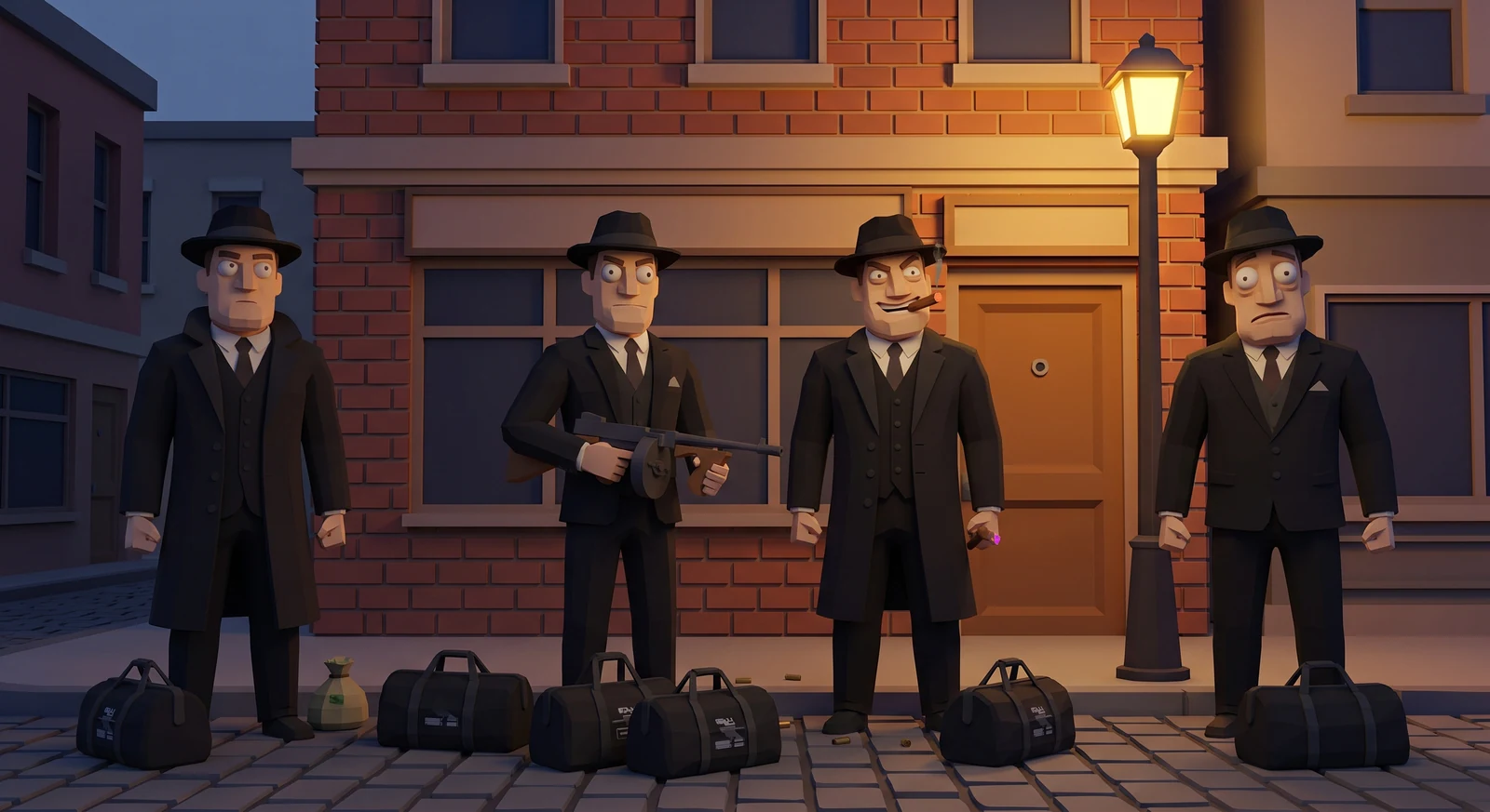 Concept art: four mobsters, four duffel bags, one streetlamp.