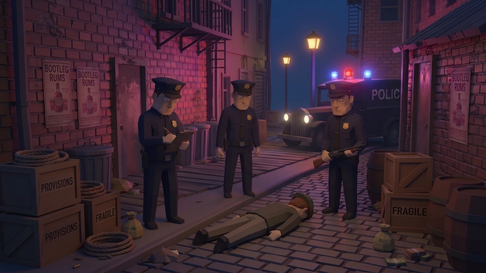 Concept art: three cops standing over a body. Someone’s having a bad night.