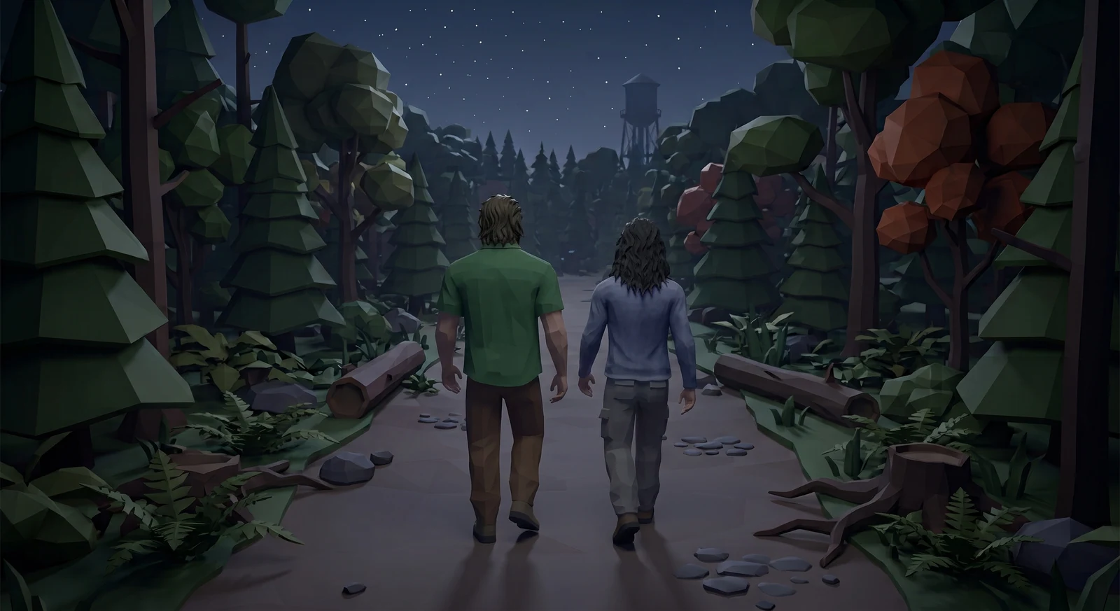 Rocky and Tea, low-poly, walking a forest path at night.